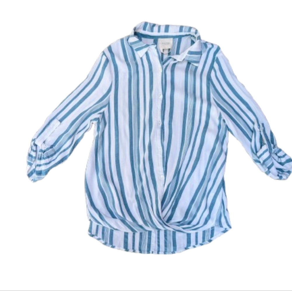 Harpers Sz Small Blouse Top Blouson Striped Green White